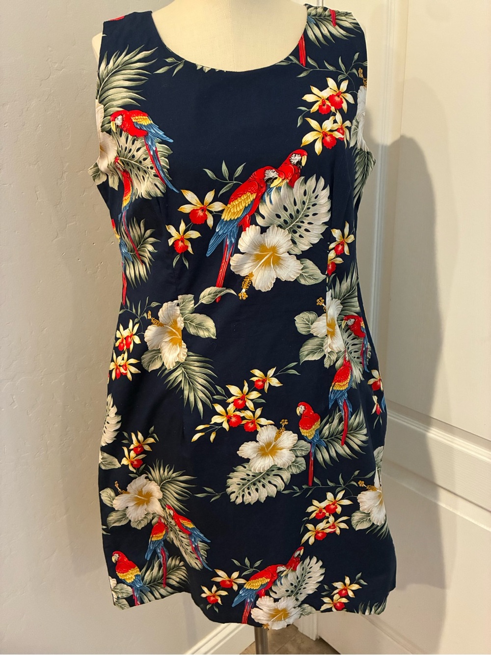 Pacific Legend Navy Floral Hawaiian Tropical Parrot Sheath Dress XL